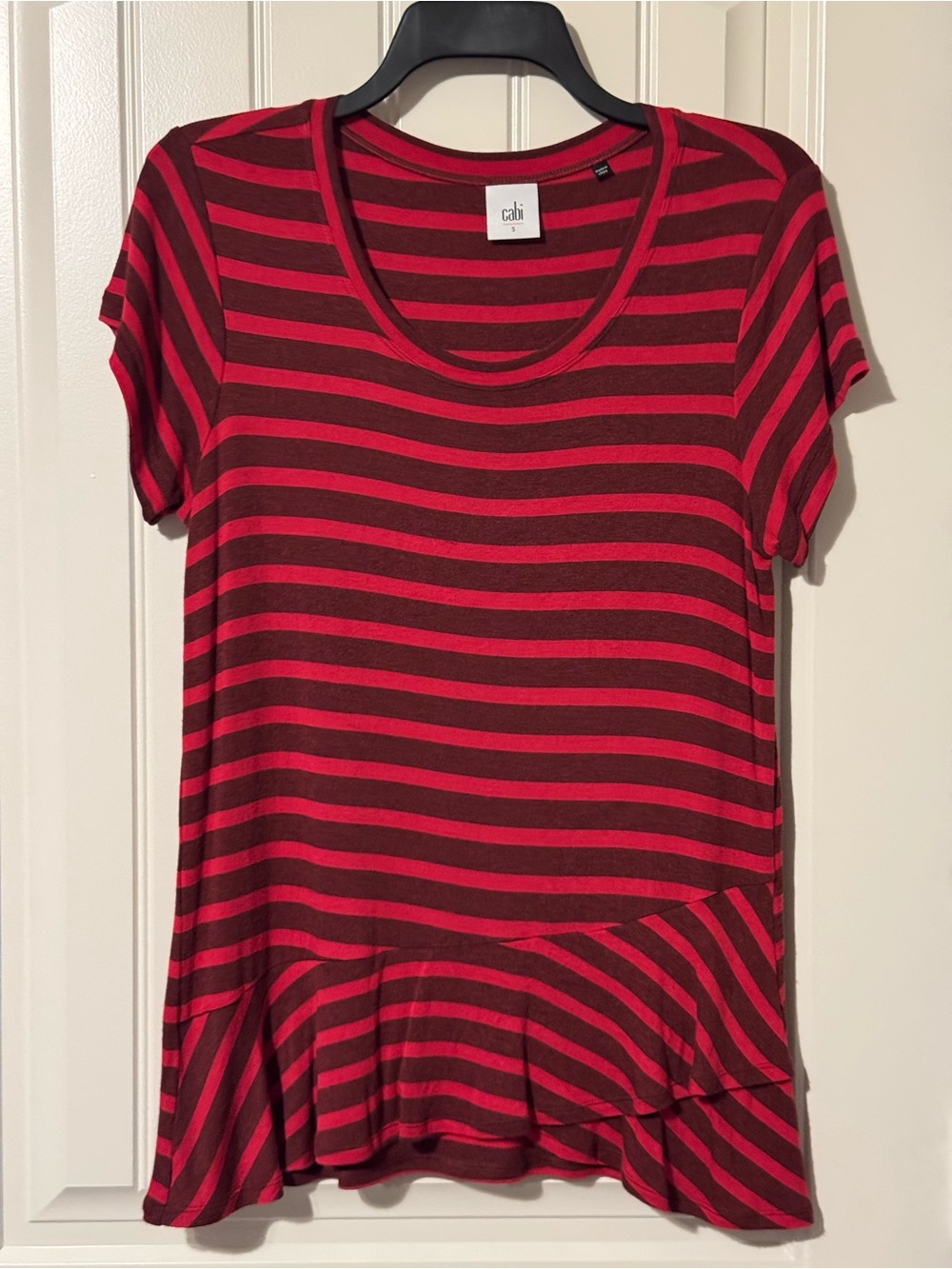 CAbi Red & Black Striped Ruffle-Hem Short Sleeve Top